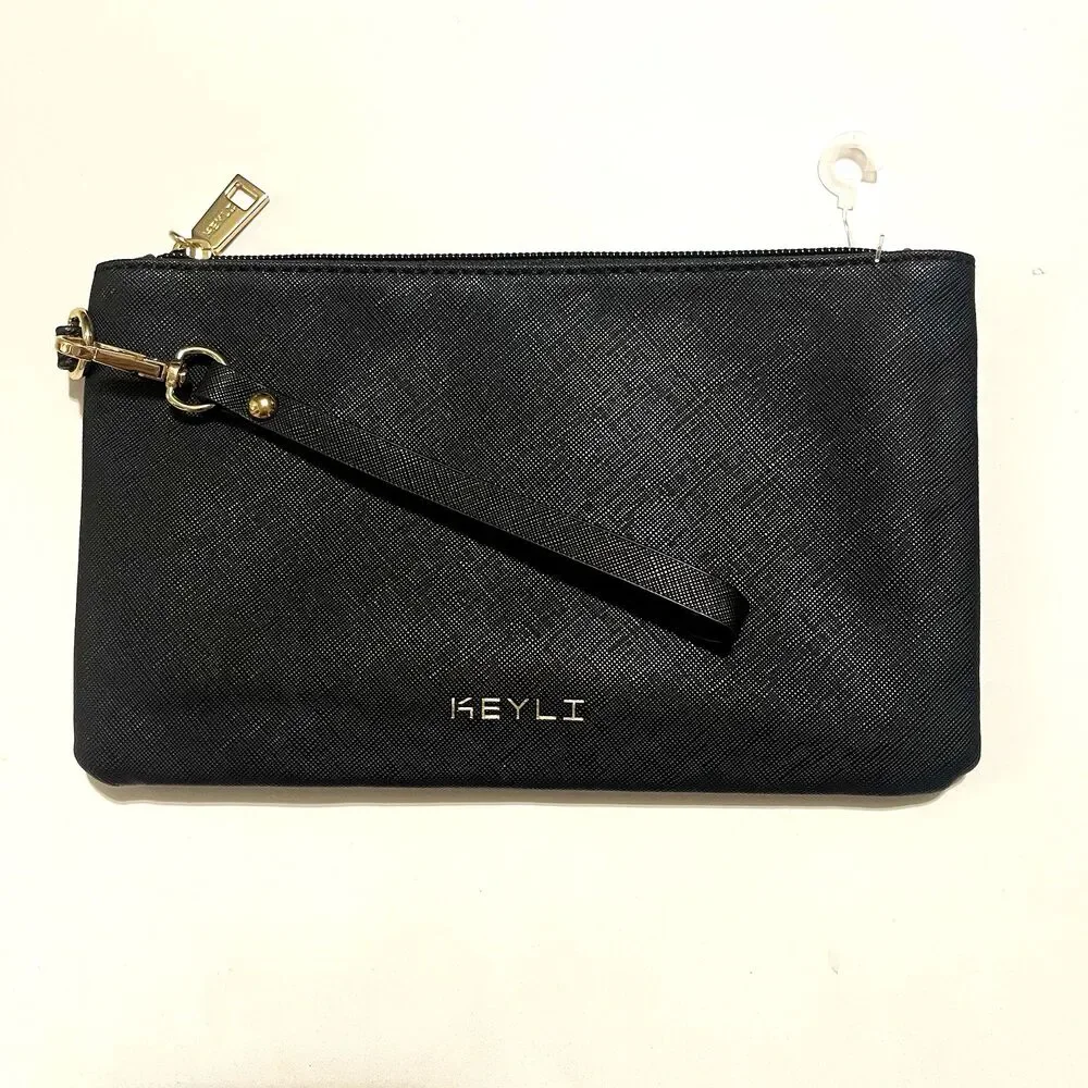 Keyli Faux Leather Wristlet Clutch Purse Black Oversized Cosmetic Bag Luxurious